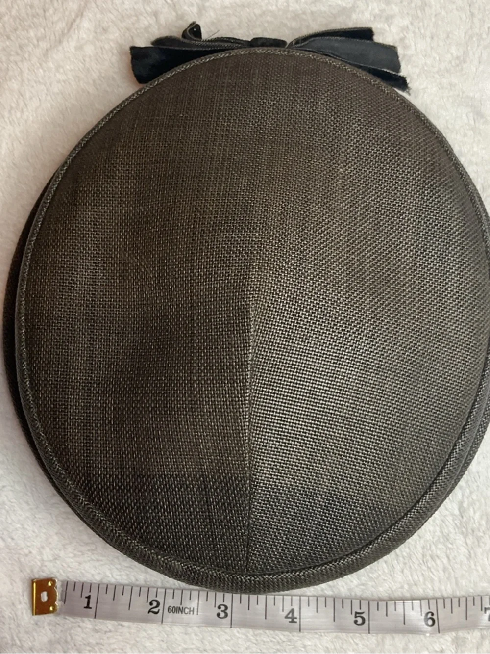 Vintage Eva Mae Modes Brown Straw Pillbox Hat Black Velvet Bow Mid-Century